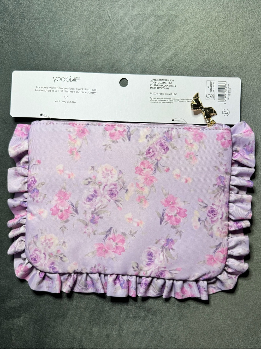 LoveShackFancy Lavender Floral Ruffle Zip Pouch with Gold Bow Pull